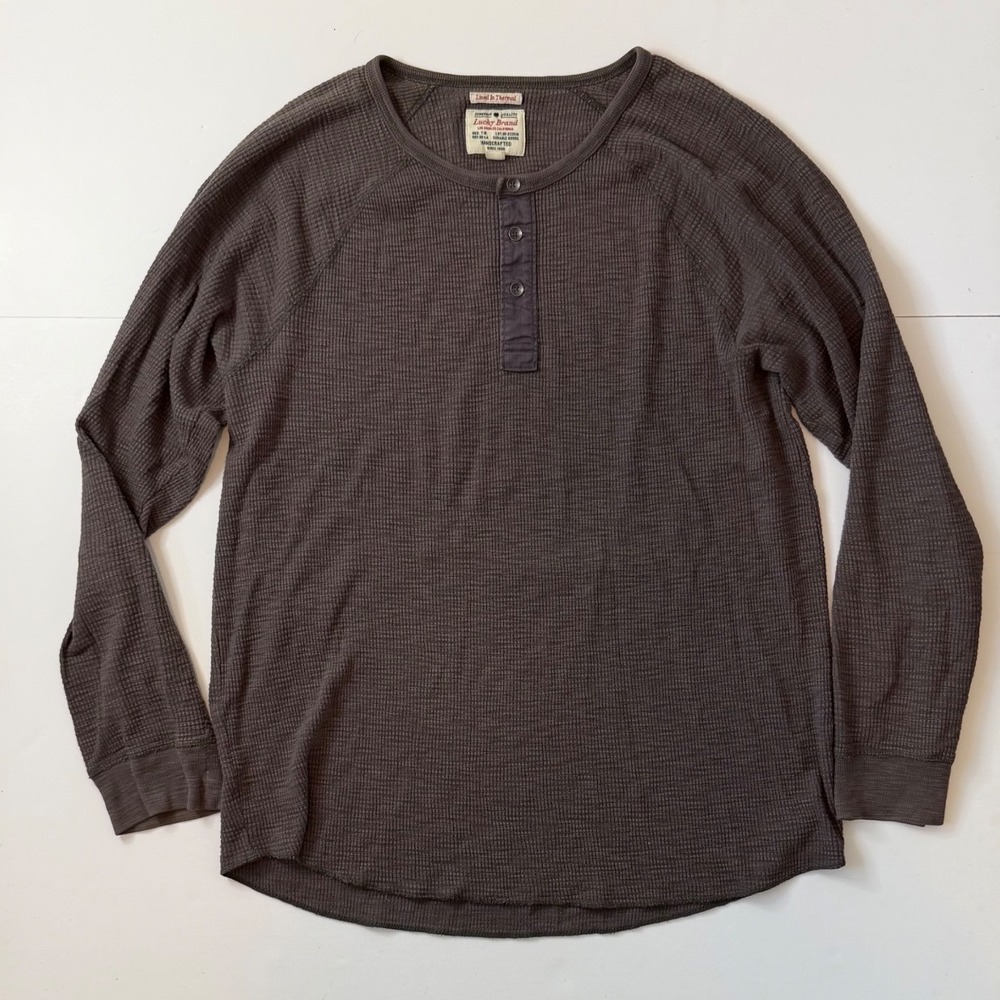 Lucky Brand Waffle Knit Henley Shirt Mens L Grey Sun Faded Thermal Long Sleeve